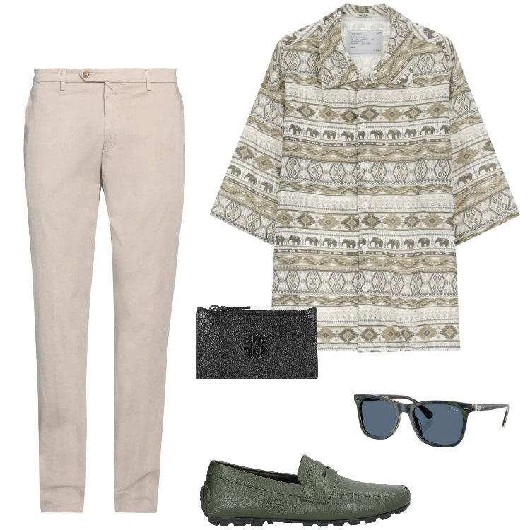 Outfit uomo - Total look #2184976. Stile Casual per Tutti i giorni. Abbinamento con pantaloni chino, portamonete, scarpe stringate, camicie a manica corta, occhiali da sole.