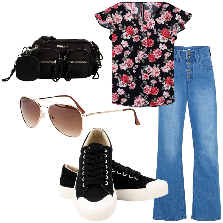 Outfit donna - La blusa floreale. Stile Basic per Tutti i giorni. Abbinamento con jeans dritti, occhiali da sole, bluse, borse a tracolla, sneakers.