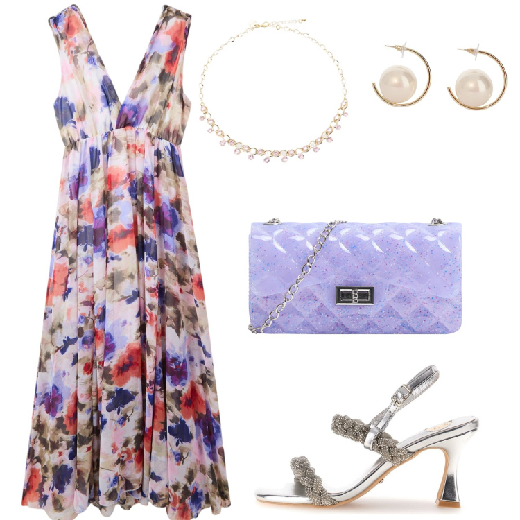 Outfit donna - Fiori. Stile Romantica per Tutti i giorni. Abbinamento con vestiti lunghi, borse a tracolla, orecchini, collane, sandali col tacco.