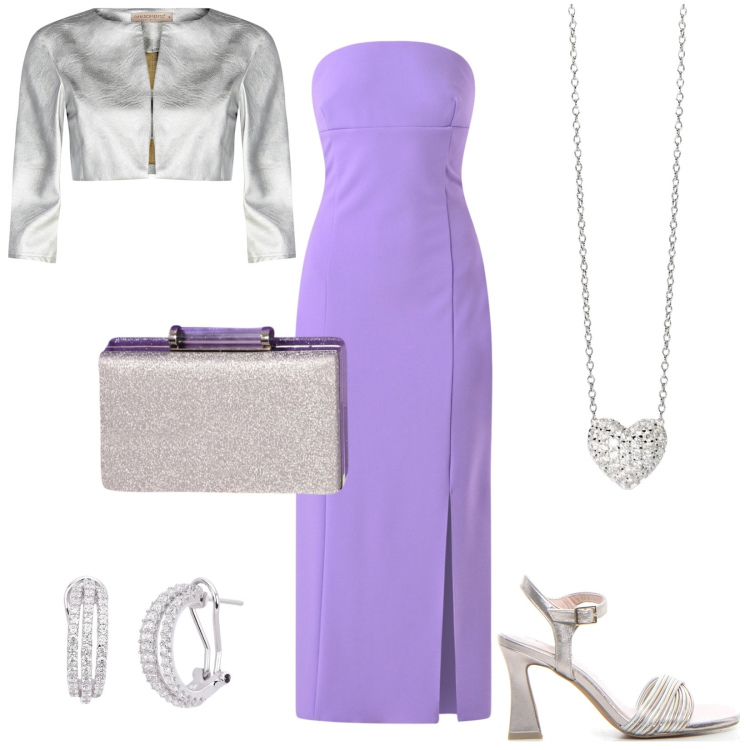 Outfit donna - Serata sotto le stelle. Stile Glamour per Serata fuori. Abbinamento con collane, orecchini, bolero, vestiti midi/longuette, pochette, sandali col tacco.
