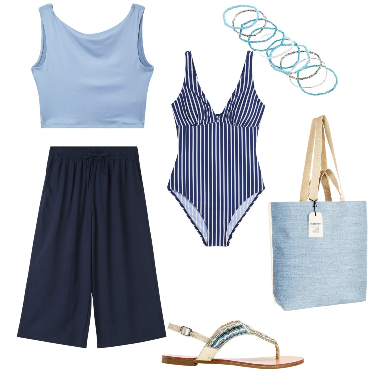Outfit donna - Un tuffo nel passato. Stile 70s per Mare. Abbinamento con costumi interi, ciabatte, braccialetti, pantaloni a palazzo, top, borse tote.