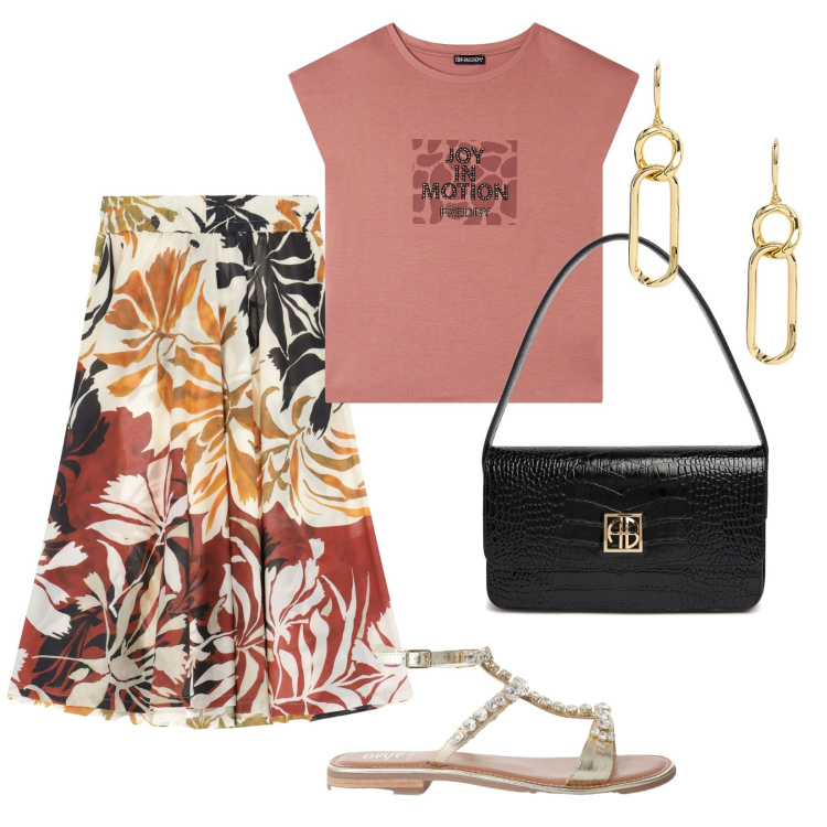 Outfit donna - Per tutti i giorni. per Tutti i giorni. Abbinamento con gonne longuette, t-shirt, sandali, orecchini, borse a spalla.