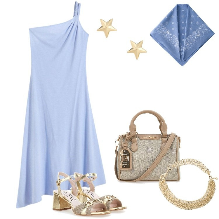 Outfit donna - Total look #2184992. Stile Casual chic per Tutti i giorni. Abbinamento con vestiti asimmetrici, collane, orecchini, sandali col tacco, borse a tracolla, foulard.