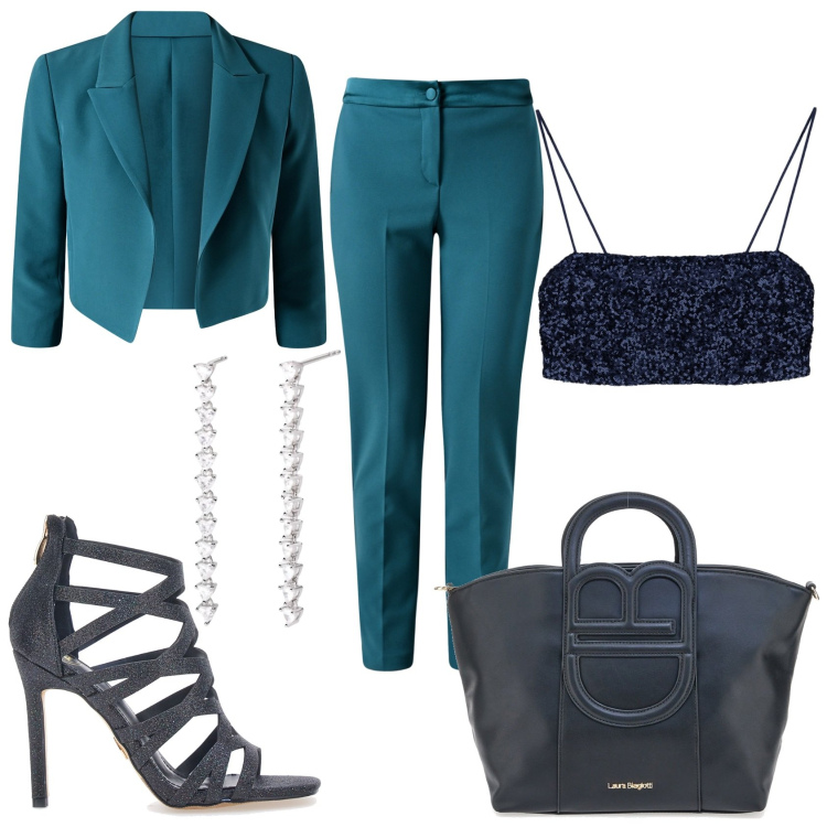 Outfit donna - Evento serale. Stile Chic per Serata fuori. Abbinamento con top, orecchini, pantaloni, blazer, borse a tracolla, sandali col tacco.