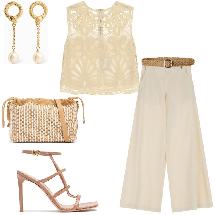 Outfit donna - Summer outfit. Stile Chic per Serata fuori. Abbinamento con top, pantaloni a palazzo, cinture, pochette, orecchini, sandali in pelle.
