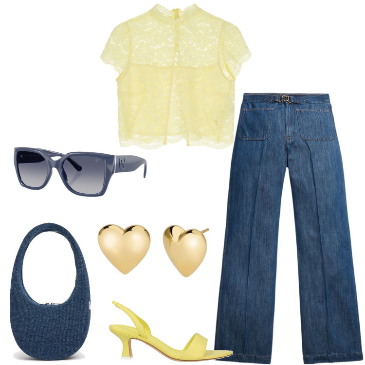 Outfit donna - Romantica in jeans. Stile Romantica per Tutti i giorni. Abbinamento con sandali in pelle, orecchini, top, occhiali da sole, jeans, borse a spalla.