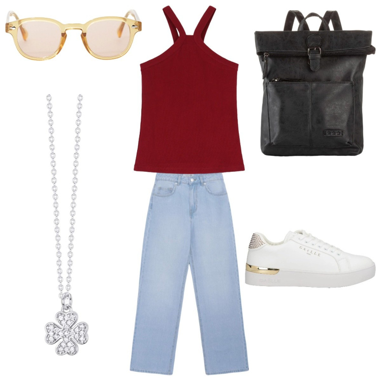 Outfit donna - Passeggiata in città. Stile Urban per Tutti i giorni. Abbinamento con zaini, sneakers, jeans, collane, occhiali da sole, top.