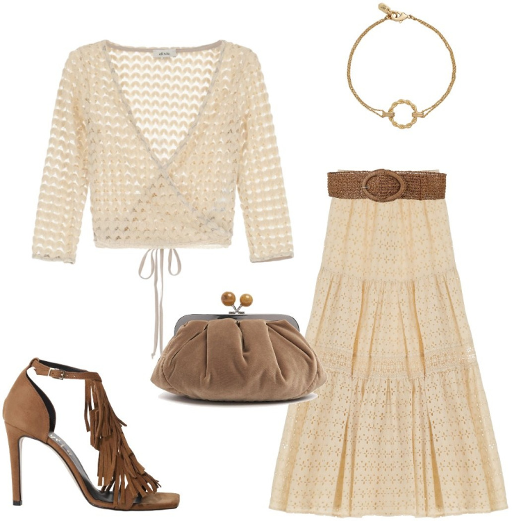 Outfit donna - Summer outfit. Stile Chic per Serata fuori. Abbinamento con cinture, top, gonne lunghe, décolleté, braccialetti, pochette.