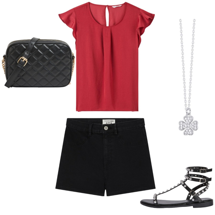 Outfit donna - Aperitivo in centro. Stile Casual per Tutti i giorni. Abbinamento con bluse, shorts, sandali, borse a tracolla, collane.
