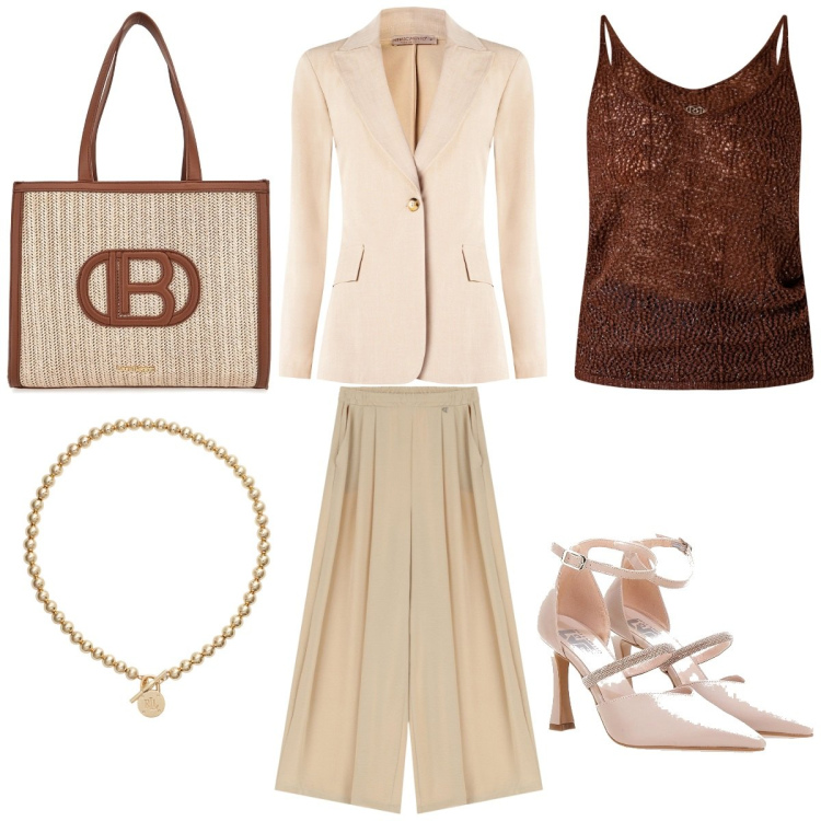Outfit donna - In ufficio. Stile Chic per Ufficio. Abbinamento con blazer, top, pantaloni, collane, borse a spalla, décolleté.