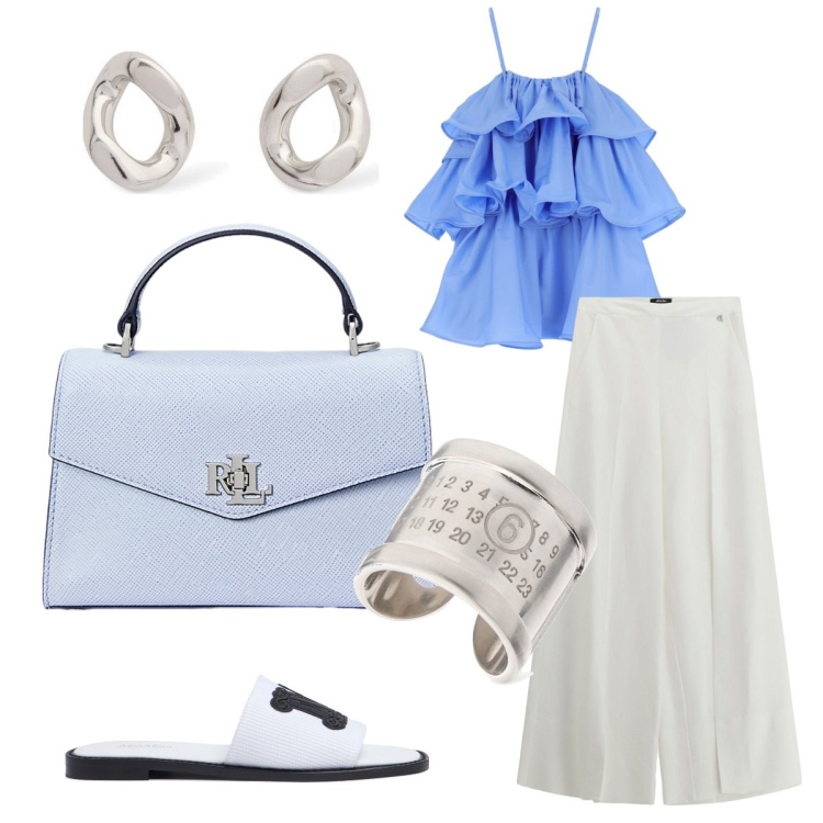Outfit donna - Passeggiata a bordo lago. Stile Boho per Mare. Abbinamento con vestiti corti, pantaloni a palazzo, borse a mano, sandali col tacco, orecchini, anelli.