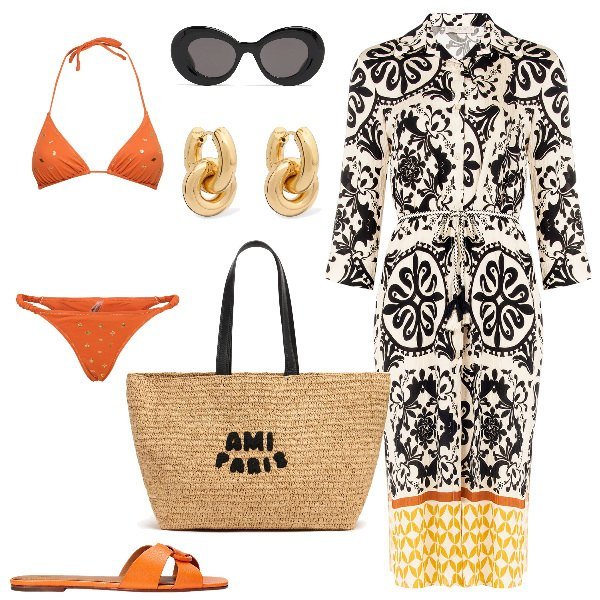 Outfit donna - Abito chemisier fantasia in spiagga. Stile Glamour per Mare. Abbinamento con vestiti chemisier, sandali in pelle, borse tote, occhiali da sole, orecchini, bikini.