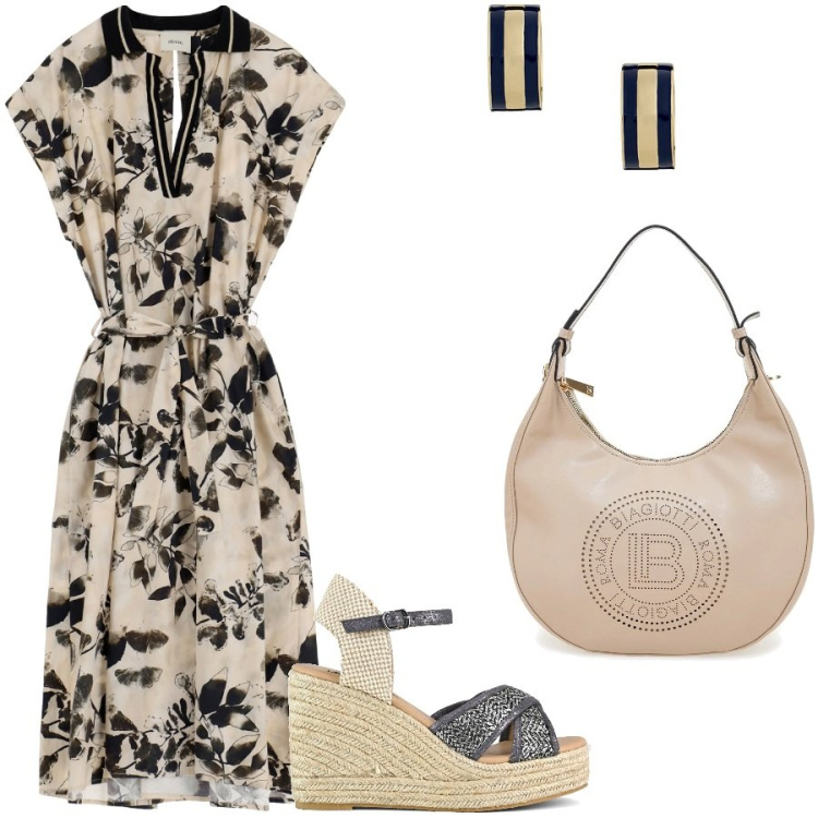 Outfit donna - Foglie nere. Stile Casual chic per Ufficio. Abbinamento con vestiti lunghi, orecchini, borse a spalla, zeppe.