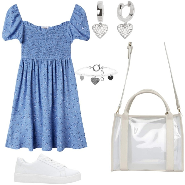 Outfit donna - Ragazza romantica. Stile Romantica per Tutti i giorni. Abbinamento con sneakers, vestiti corti, borse tote, orecchini, braccialetti.