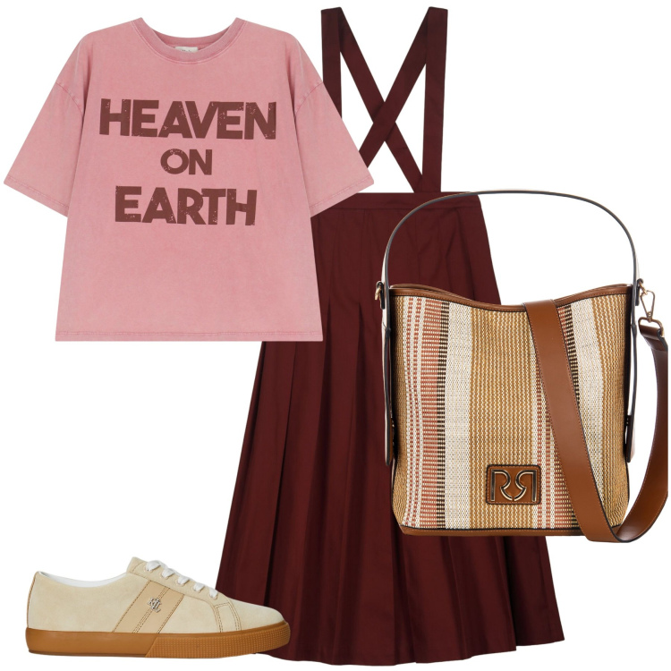 Outfit donna - Casual rosa marrone. Stile Casual per Scuola/Università. Abbinamento con borse a secchiello, t-shirt, sneakers, gonne lunghe.