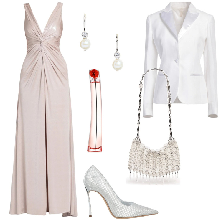 Outfit donna - Abito lungo da cerimonia. Stile Chic per Cerimonia. Abbinamento con vestiti lunghi, blazer, décolleté, profumi, orecchini, borse a spalla.