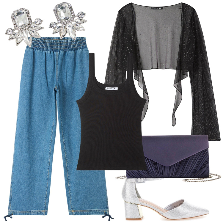 Outfit donna - Un fresco jeans da sera. Stile Glamour per Serata fuori. Abbinamento con pochette, jeans, canottiere, bolero, orecchini, décolleté.