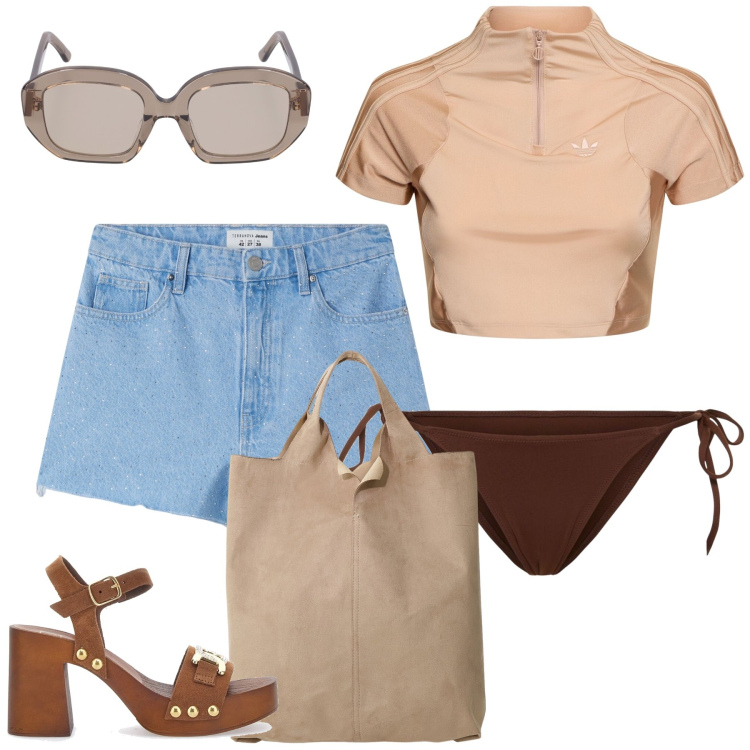 Outfit donna - La spiaggia è vicina. Stile Trendy per Mare. Abbinamento con shorts, shopping bag, zoccoli, top, occhiali da sole, bikini.