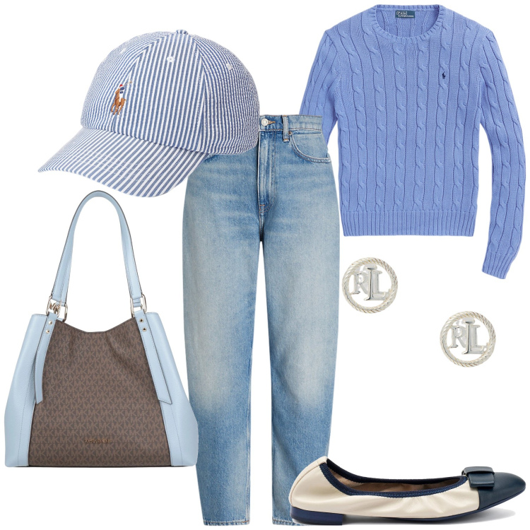 Outfit donna - Total look. Stile Sporty chic per Tutti i giorni. Abbinamento con borse a mano, maglieria, orecchini, jeans, cappelli, ballerine.