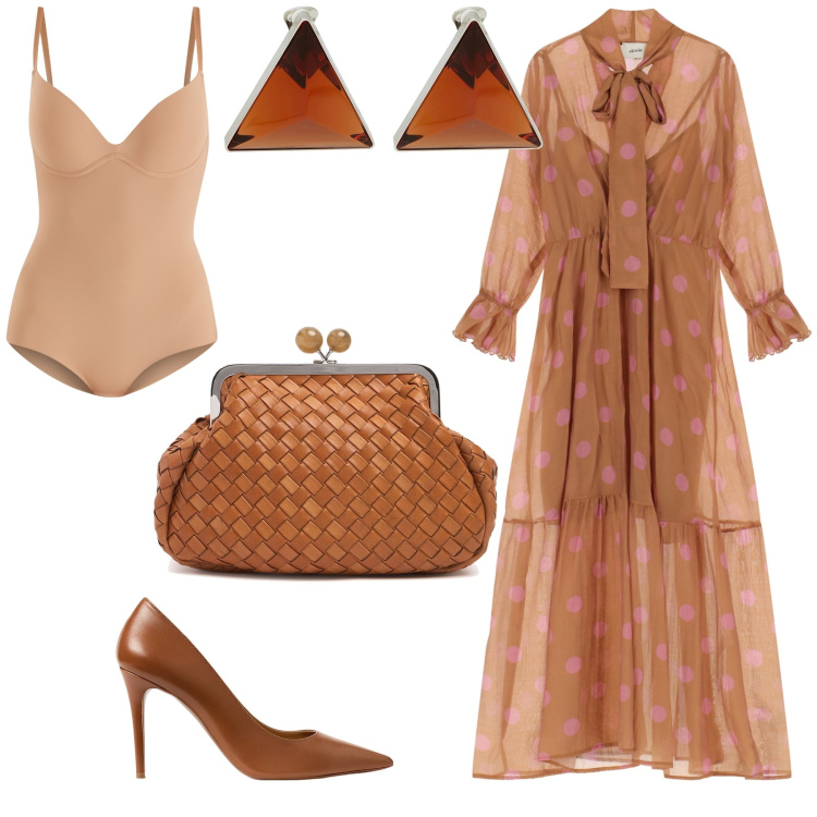 Outfit donna - Cerimonia monocromatica. Stile Bon Ton per Cerimonia. Abbinamento con orecchini, body, vestiti lunghi, décolleté, pochette.