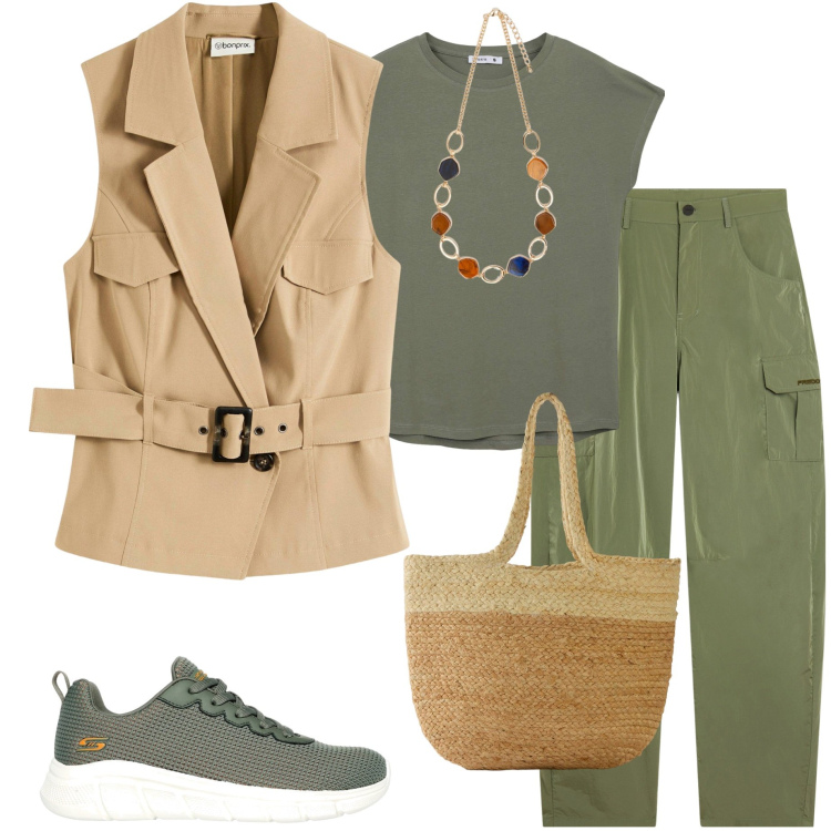 Outfit donna - Verde scuro. Stile Casual chic per Ufficio. Abbinamento con gilet, shopping bag, t-shirt, pantaloni cargo, sneakers, collane.