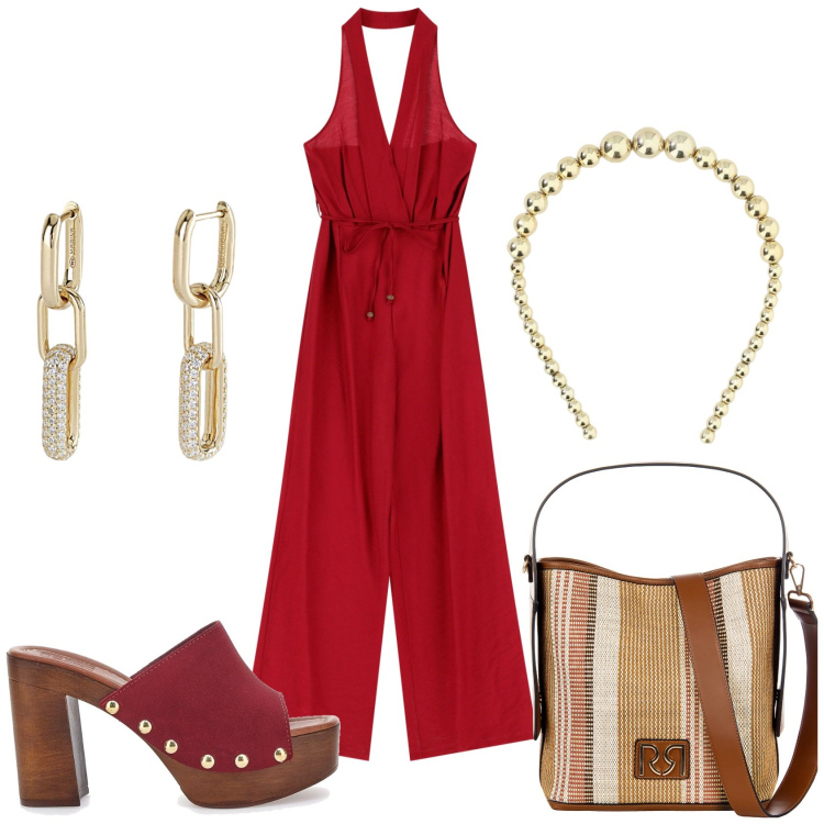Outfit donna - Tuta elegante. Stile Casual chic per Tutti i giorni. Abbinamento con orecchini, borse a secchiello, tute, cerchietti, zoccoli.