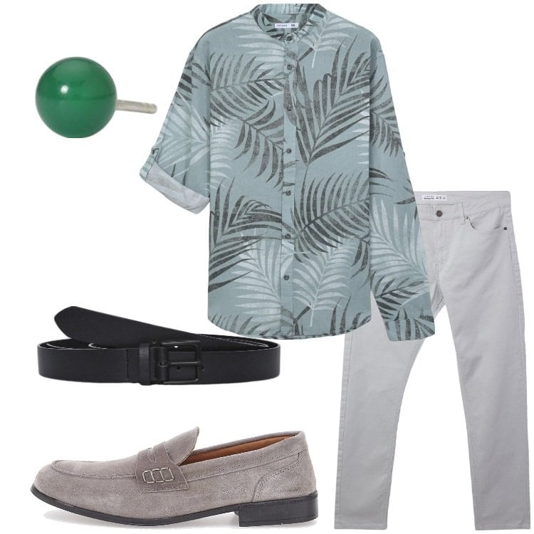 Outfit uomo - Indossa la camicia con carattere. Stile Trendy per Serata speciale. Abbinamento con pantaloni skinny, camicie, cinture, orecchini, scarpe stringate.