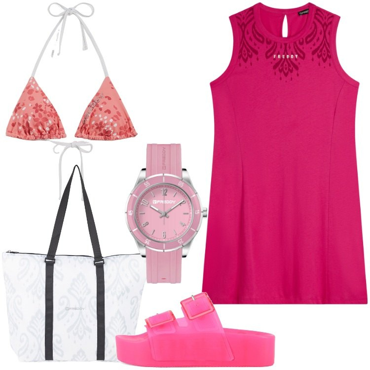 Outfit donna - Basic. Stile Basic per Mare. Abbinamento con orologi, shopping bag, vestiti midi/longuette, bikini, sandali.