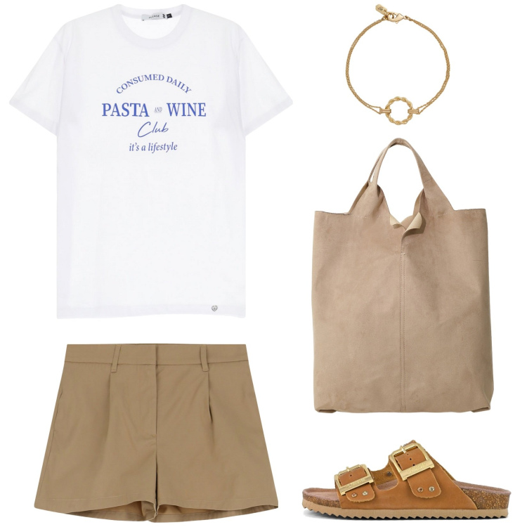 Outfit donna - Pasta e vino. Stile Basic per Tutti i giorni. Abbinamento con shorts, t-shirt, shopping bag, braccialetti, sandali.