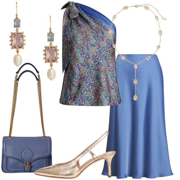 Outfit donna - Ralph Lauren Chic. Stile Chic per Serata fuori. Abbinamento con top, borse a spalla, gonne, décolleté, orecchini, collane.