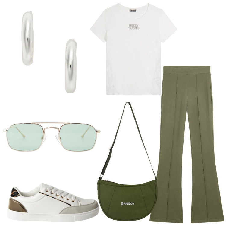 Outfit donna - Total look #2185067. Stile Basic per Tutti i giorni. Abbinamento con sneakers, occhiali da sole, t-shirt, borse a spalla, pantaloni, orecchini.