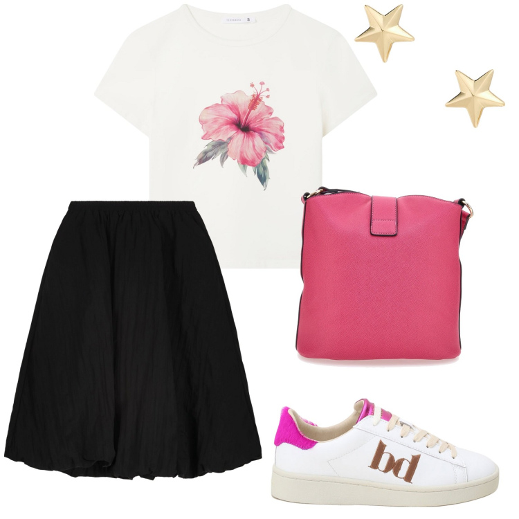 Outfit donna - Romance. per Scuola/Università. Abbinamento con t-shirt, sneakers, orecchini, borse a spalla, gonne longuette.