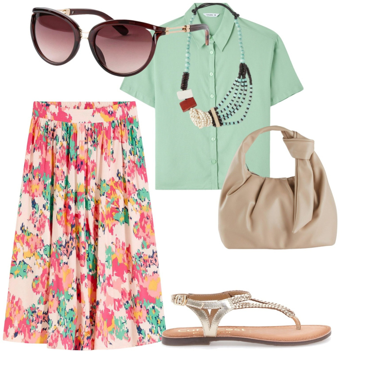 Outfit donna - Romance. per Tutti i giorni. Abbinamento con gonne longuette, occhiali da sole, borse a mano, camicie a manica corta, sandali, collane.
