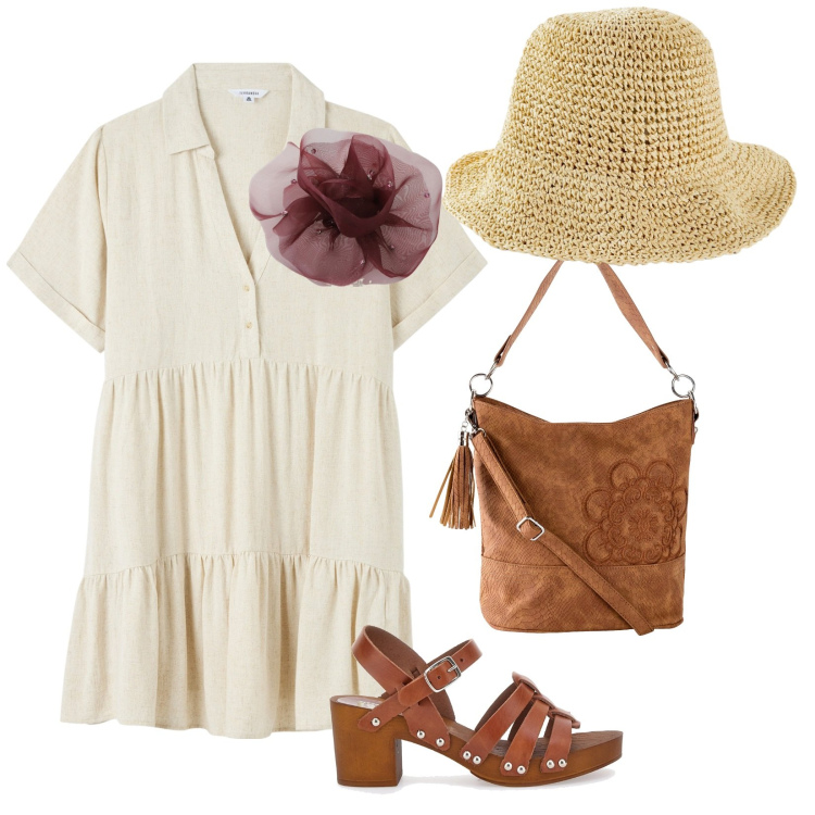 Outfit donna - Romance. per Tutti i giorni. Abbinamento con borse a mano, cappelli, vestiti chemisier, foulard, zoccoli.