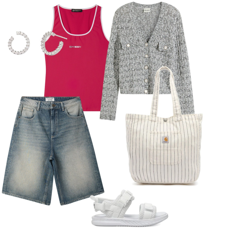 Outfit donna - Tramonto in spiaggia. per Mare. Abbinamento con cardigans, bermuda, orecchini, sandali, canottiere, borse tote.