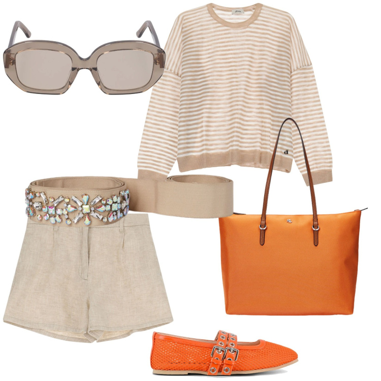 Outfit donna - La cintura gioiello. per Tutti i giorni. Abbinamento con pantaloni corti, maglieria, borse tote, cinture, ballerine, occhiali da sole.