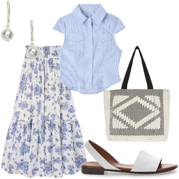 Outfit donna - A spasso per la città. Stile Casual per Tutti i giorni. Abbinamento con gonne lunghe, camicie a manica corta, orecchini, sandali, shopping bag.