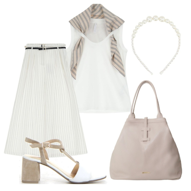 Outfit donna - Estate in riviera. Stile Casual chic per Tutti i giorni. Abbinamento con pantaloni a palazzo, top, borse tote, cerchietti, sandali col tacco.