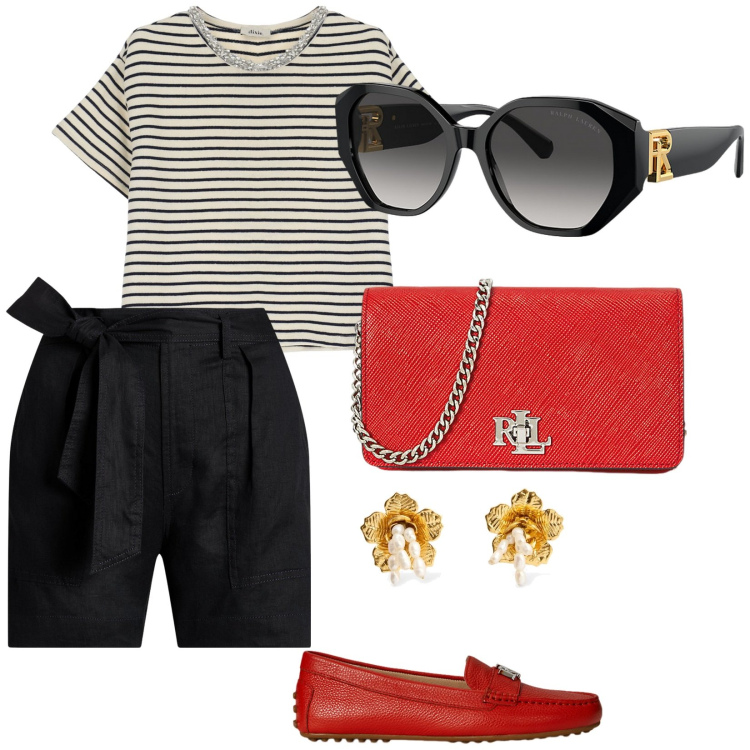 Outfit donna - Apericena. per Serata fuori. Abbinamento con t-shirt, mocassini, borse a tracolla, minigonne, occhiali da sole, orecchini.