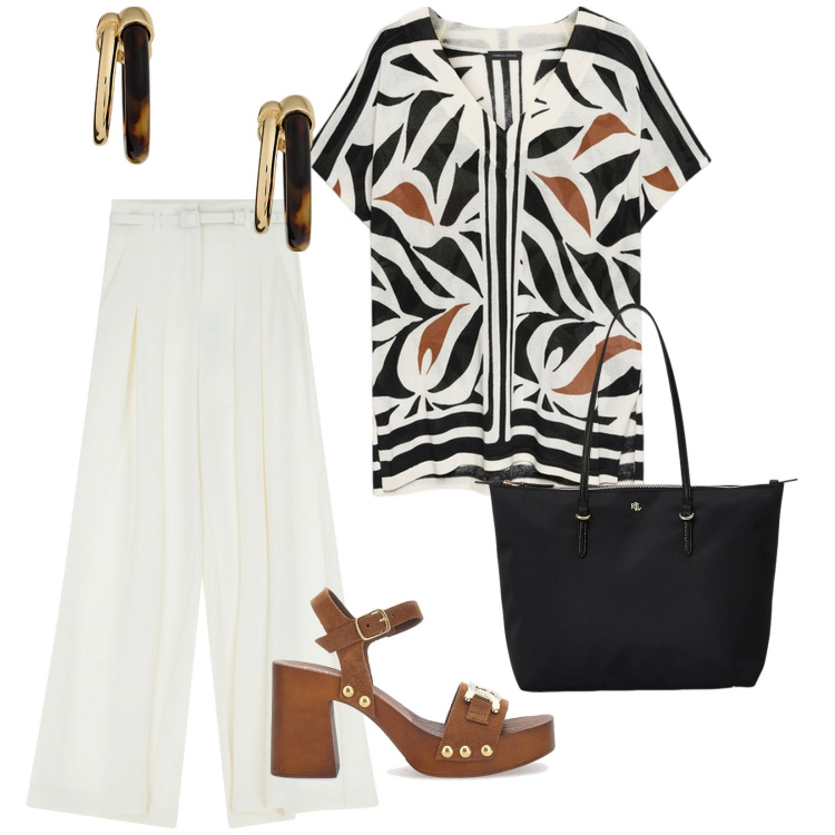 Outfit donna - Fresco di stagione. per Tutti i giorni. Abbinamento con pantaloni, borse tote, orecchini, bluse, zoccoli.
