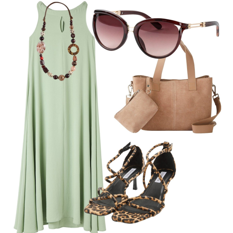 Outfit donna - Per tutti i giorni. per Tutti i giorni. Abbinamento con borse a mano, occhiali da sole, vestiti senza maniche, sandali col tacco, collane.