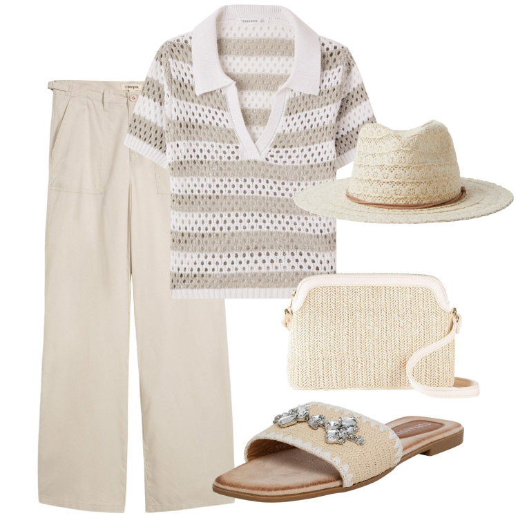 Outfit donna - Saluti dalla riviera. Stile Casual per Mare. Abbinamento con borse a tracolla, pantaloni a palazzo, t-shirt, ciabatte, cappelli.