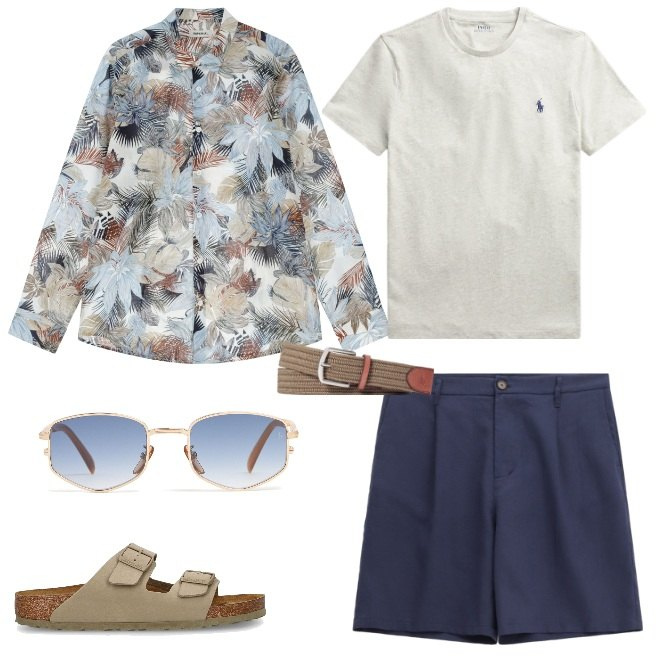 Outfit uomo - Estate in città. Stile Urban per Tutti i giorni. Abbinamento con camicie, bermuda, t-shirt, cinture, sandali, occhiali da sole.