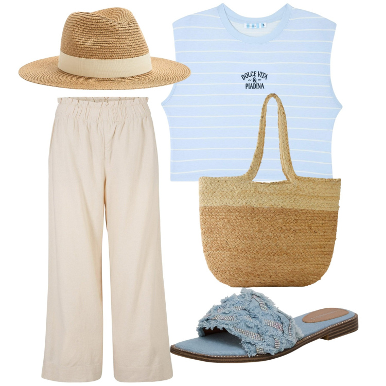 Outfit donna - Relax con semplicità. Stile Minimal per Mare. Abbinamento con pantaloni culotte, shopping bag, t-shirt, cappelli, ciabatte.