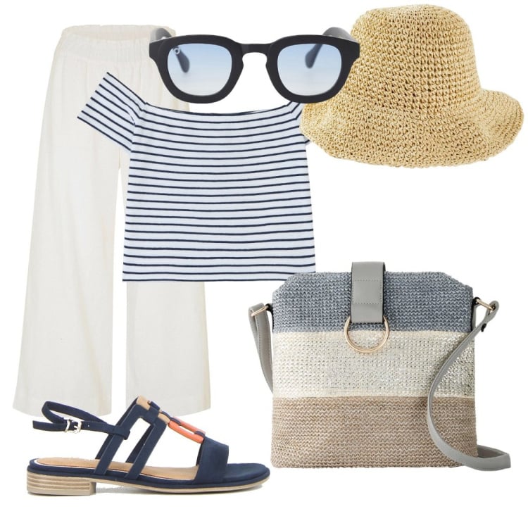 Outfit donna - Look da Riviera. Stile Casual per Tutti i giorni. Abbinamento con pantaloni culotte, cappelli, borse a tracolla, t-shirt, occhiali da sole, sandali.