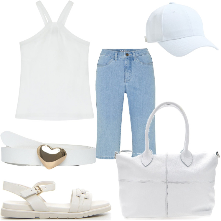 Outfit donna - In giro con il cuore. Stile Casual per Tutti i giorni. Abbinamento con bermuda, cappelli, cinture, top, sandali, borse a mano.
