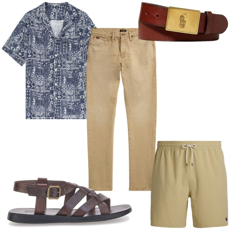 Outfit uomo - Total look #2185097. Stile Trendy per Mare. Abbinamento con camicie a manica corta, cinture, jeans, costumi, sandali.