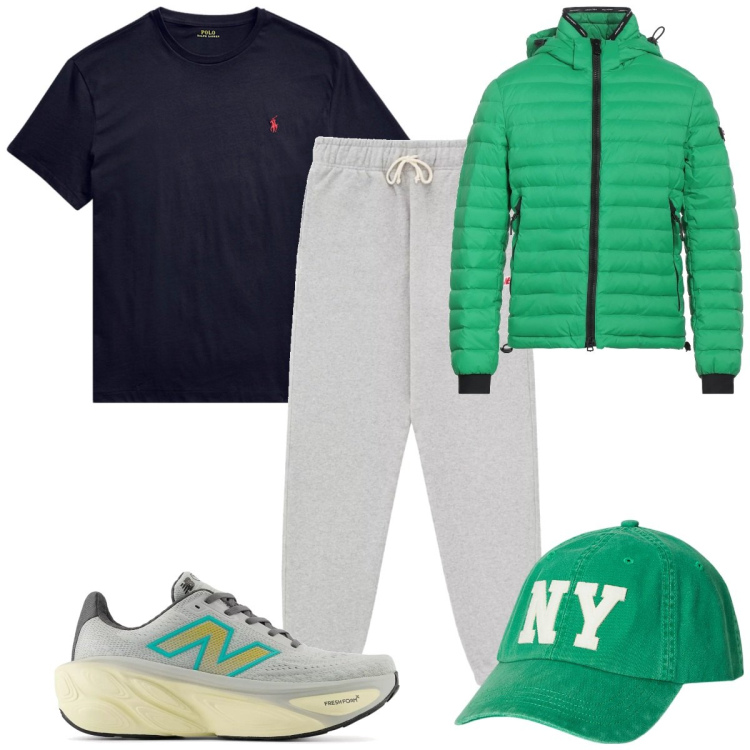 Outfit uomo - Total look #2185100. Stile Trendy per Tutti i giorni. Abbinamento con piumini, sneakers, pantaloni, t-shirt, cappelli.