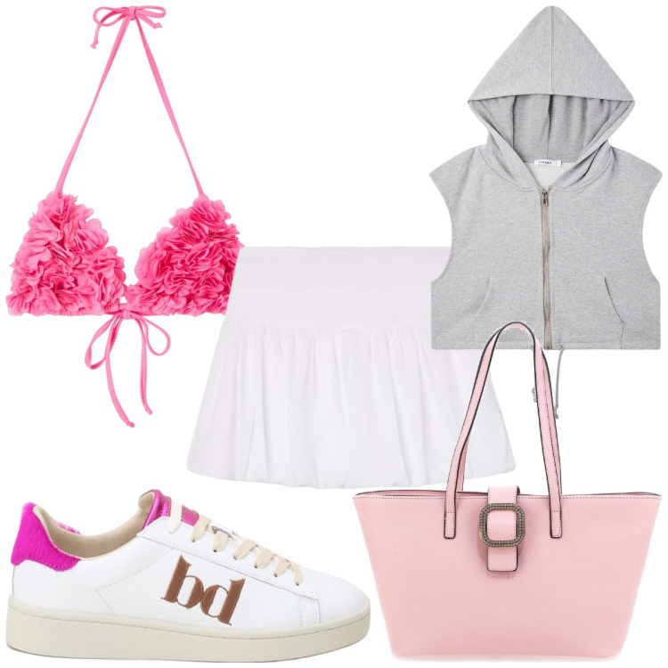 Outfit donna - Total look #2185101. Stile Sporty chic per Mare. Abbinamento con minigonne, bikini, felpe con cappuccio, sneakers, borse a spalla.