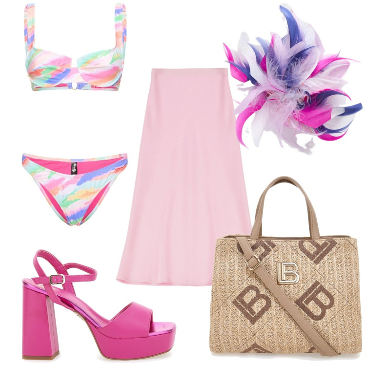 Outfit donna - Total look #2185102. Stile Trendy per Mare. Abbinamento con gonne longuette, sandali col tacco, bikini, borse a tracolla, accessori per capelli.